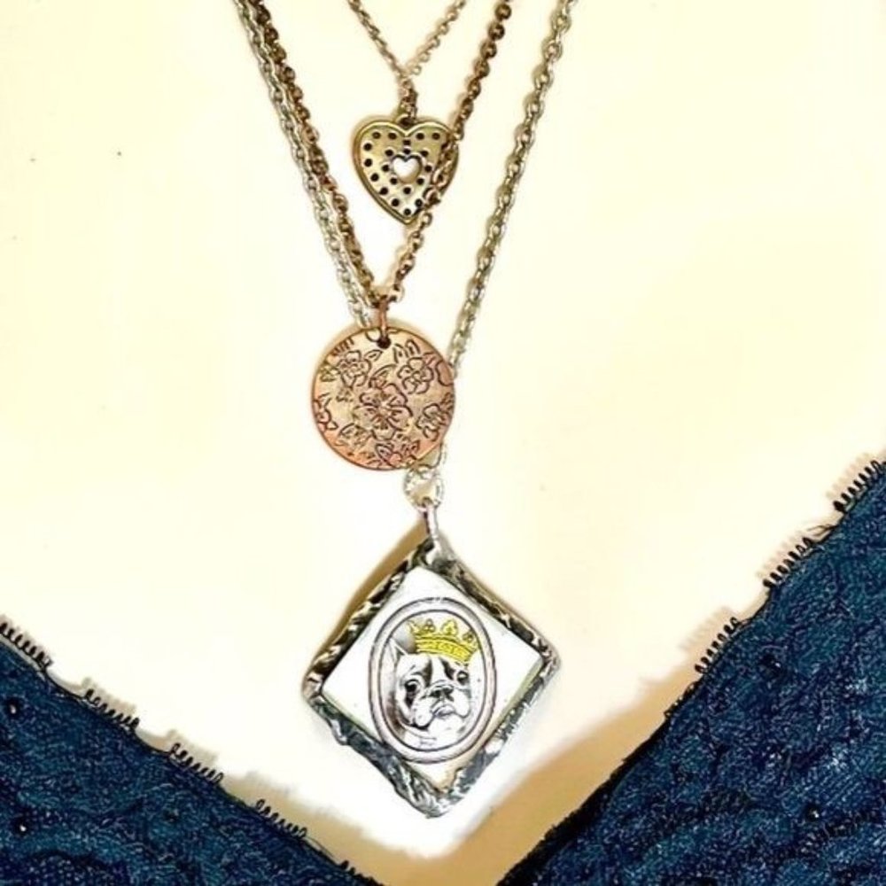 Artisan French Bulldog Glass Pendant & Vintage Necklace Handcrafted with Solder - Picture 4 of 13